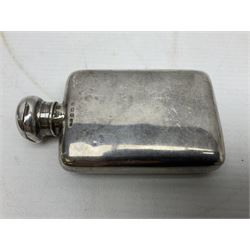 Small silver screw cap hip flask, hallmarked and a silver plated square cigarette box, with monogram to cover