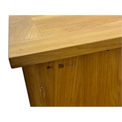 Laura Ashley - contemporary Milton oak display cabinet, featuring single door with two glass panels and pewter effect handle, enclosing one fixed oak shelf and two adjustable glass shelves, access hole at the bottom shelf, over single drawer with matching handle, on square legs