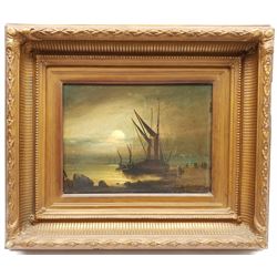 English School (19th century): Barges Unloading under Moonlight, oil on panel indistinctly signed 22cm x 30cm, and a 'Bubbles' Pears print 52cm x 36cm (2)