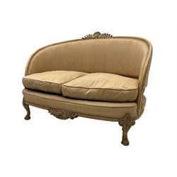 French Louis XV design walnut framed sofa, tub-shaped upholstered back with gilt foliate carved crest, padded seat with twin loose cushions, raised on cabriole supports with shell and acanthus leaf carvings