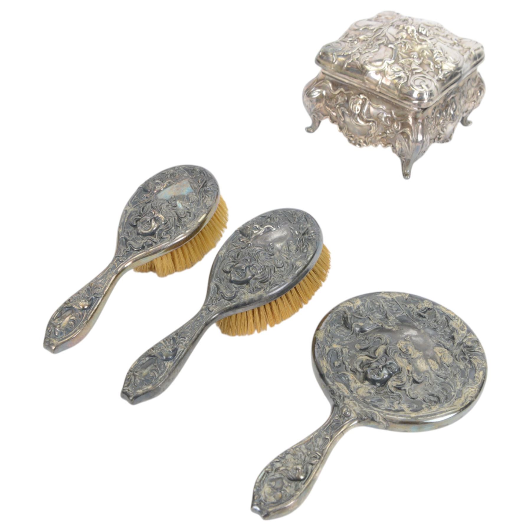 Derby Silver Co, Art Nouveau silver plate dressing table set, comprising mirror and two brushes, together with a silver silver plated box, the box marked B&W to the base, box H13cm