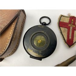WW1 Short & Mason Ltd 'The Magnapole' black japanned brass field compass in leather carrying case; WW1 trench art paper knife inscribed Dixmude; and small quantity of cloth badges etc