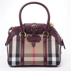 Burberry - ‘Milverton’ Small House Check Bag, introduced circa 2015 under Christopher Bailey, in signature Haymarket check canvas with oxblood grained leather trim and belted front detail, with rolled top handles and detachable shoulder or crossbody strap, with gold-tone hardware, unused with original dust bag