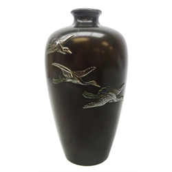  Japanese Meiji small bronze vase by Nogawa, shouldered tapered form inlaid in mixed metal with three flying Cranes, two character signature and Nogawa seal mark, H11cm   