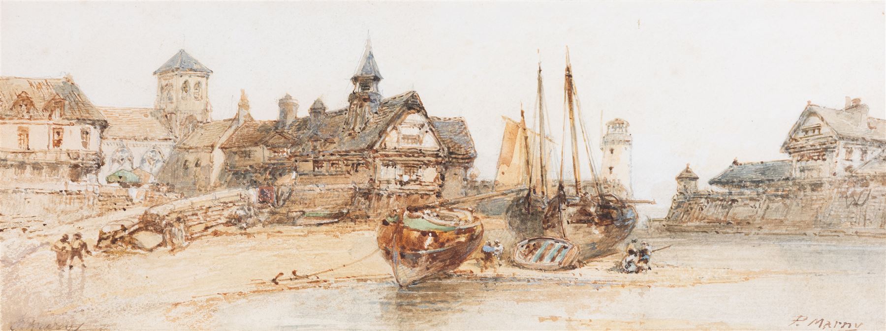 Paul Marny (French/British 1829-1914): Harbour Scenes, near pair watercolours signed, approx 16.5cm x 44.5cm each (2)