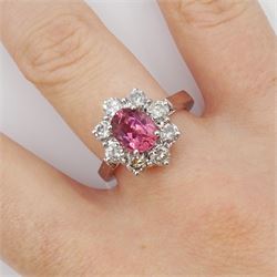 18ct white gold oval pink tourmaline and round brilliant cut diamond cluster ring, hallmarked, tourmaline approx 2.50 carat, total diamond weight approx 0.40 carat