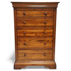 Willis & Gambier - French cherry wood five-drawer chest, the moulded cornice over slide wi...