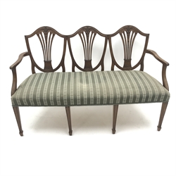  Late 19th century Hepplewhite style mahogany three seat couch, upholstered seat, square reeded tapering supports on spade feet, W150cm  