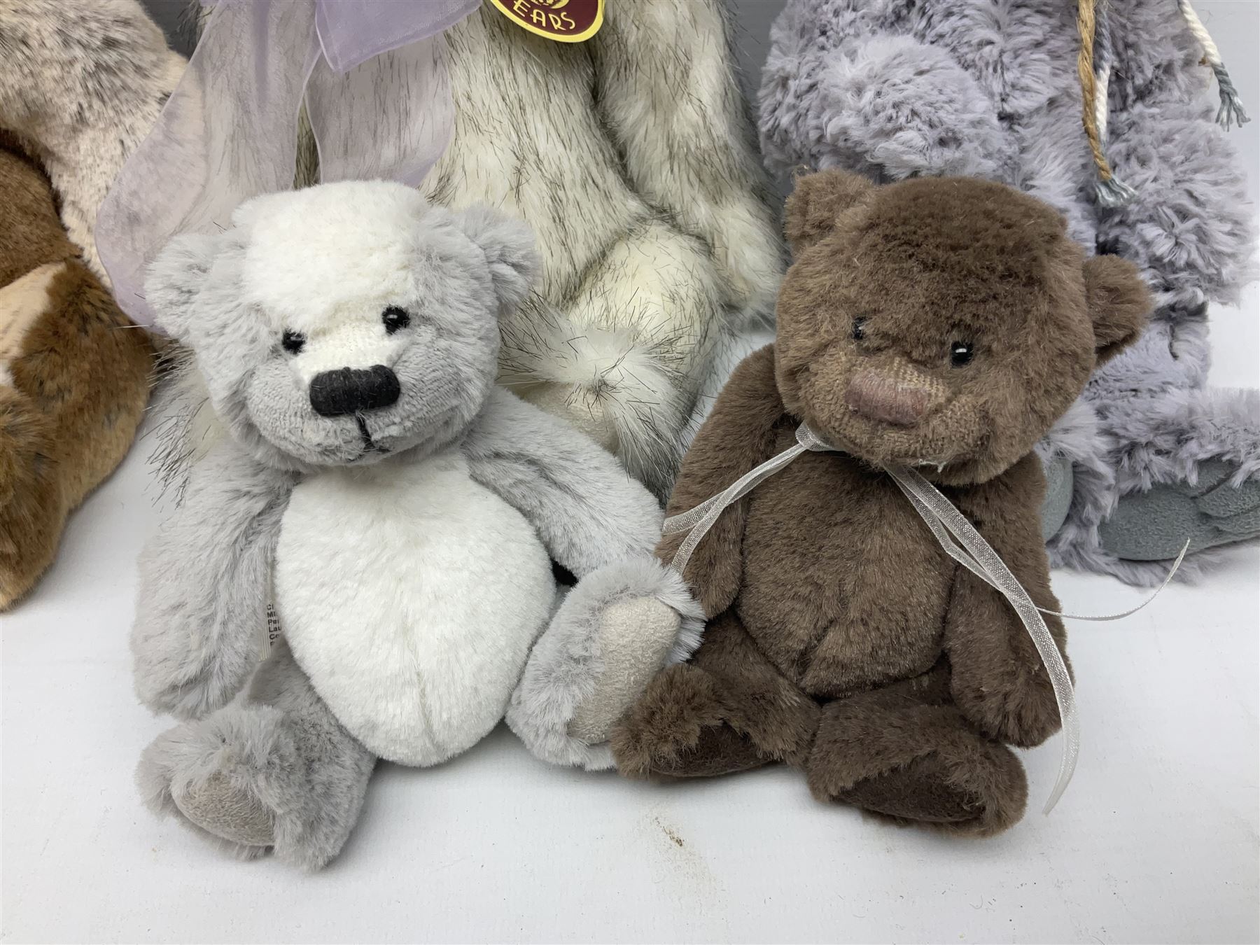 Eight Charlie Bears, comprising limited edition example Nina CB171785A, designed by Isabelle Lee, limited to 3000, Nyah CB191931A, designed by Isabelle Lee, Molly CB110310B, designed by Heather Lyell, Mooch CB206025O, and Gallivant CB195197O, each with tags, plus three lacking tags, CB165133, and two small unnamed examples