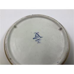 19th Sèvres style porcelain cup and saucer, the cup painted with a figural scene, against a scalloped border of scrolling floral swags on a blue ground, together with a Sèvres soft paste porcelain coffee can and saucer, painted with panels of exotic birds, roses and a border of cornflowers, LL monogram enclosing date letters H above painters mark, coffee can H6.5cm, saucer D13.5cm (2)