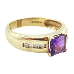 9ct gold princess cut amethyst ring, with diamond set shoulders, hallmarked
