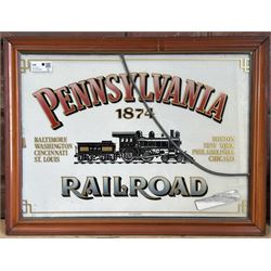 Reverse painted glass railroad advertising sign, Pennsylvania 1874' 71cm x 51cm.