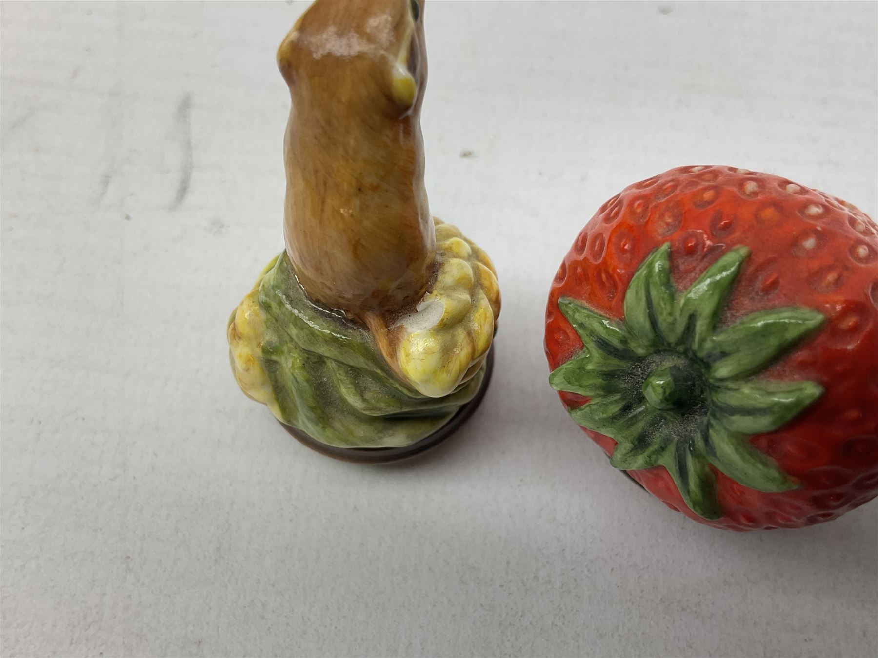 Two Halcyon Days enamel bonbonnieres modelled as mice, I am a magical mouse, and ''Consider the little mouse, how sagacious an animal it is...' Roman Playwright', together with three Halcyon Days enamel boxes, modelled as a bee upon a flower, a ladybird upon a leaf, and a strawberry, each in fitted box, (5)