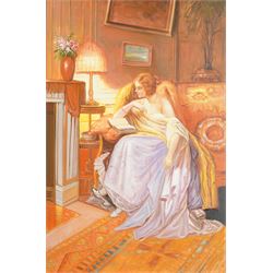 After Delphin Enjolras (French 1857-1945): 'La Lecture', oil on canvas unsigned 81cm x 61c...