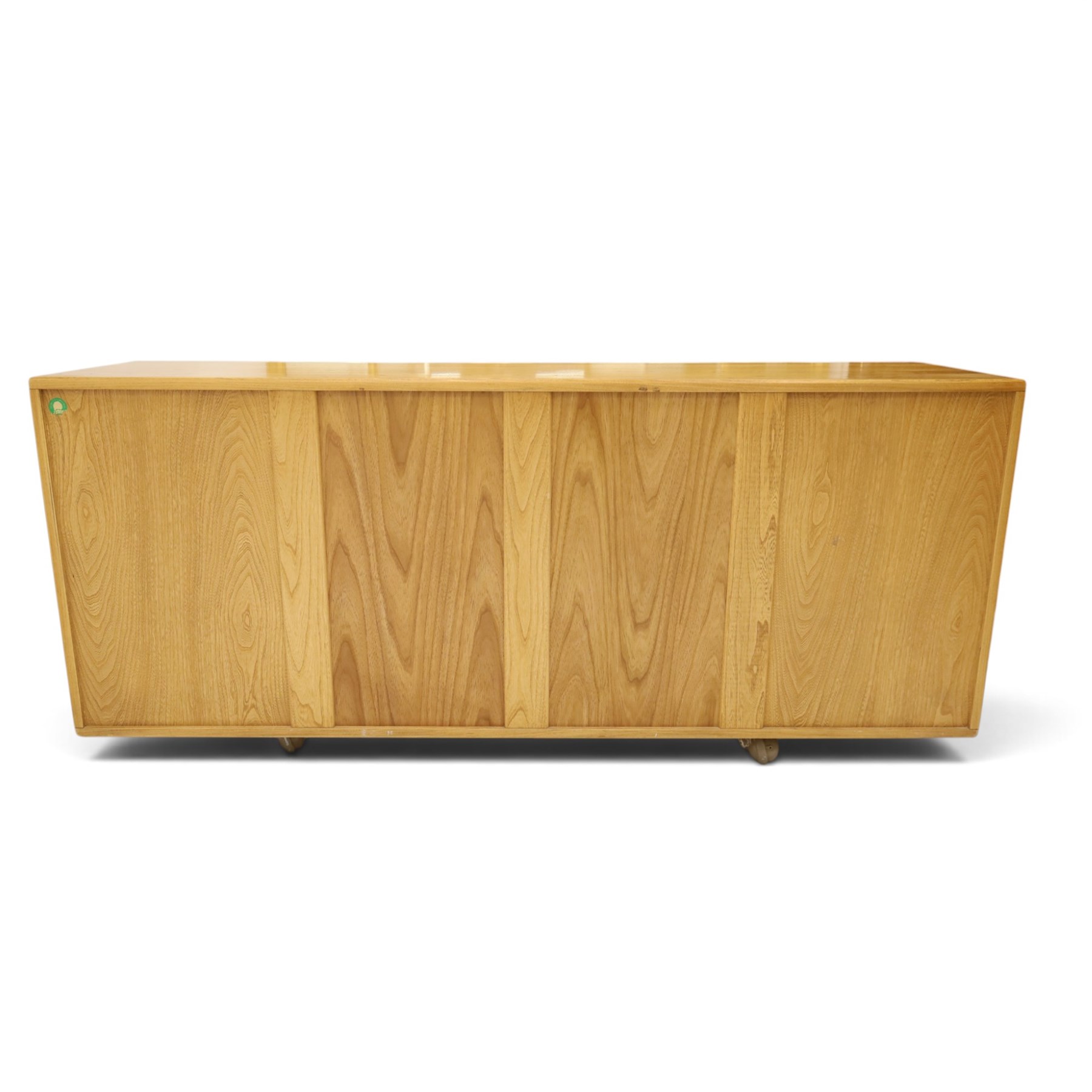 Ercol - mid-20th century light elm and beech Windsor 'model 455' sideboard, rectangular top over three central drawers flanked by cupboards, on castors