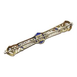 Art Deco platinum diamond and vari-cut synthetic sapphire bar open work brooch, in Charles Packer & Co Ltd, Regents Street, London box
