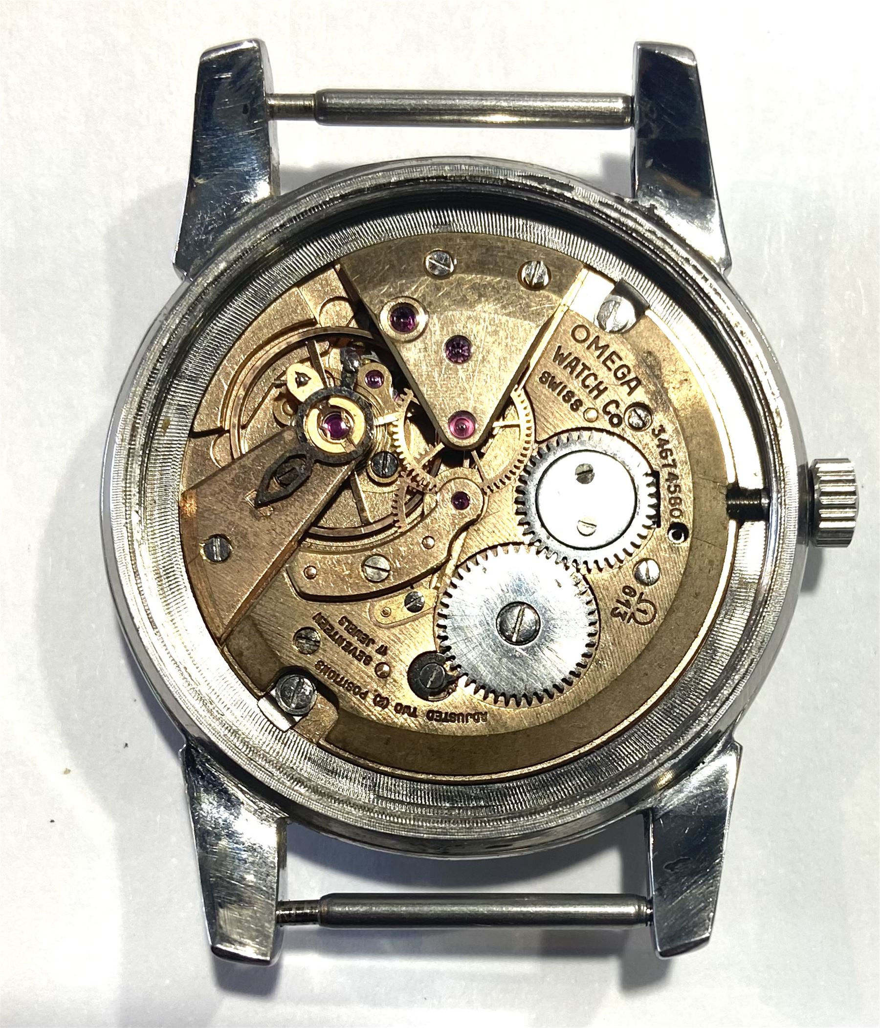 Omega British Military RAF pilots stainless steel gentleman's manual wind 17 jewels wristwatch, circa 1972, Cal. 613, serial No. 34674580, black enamel dial with broad arrow, screw back, issue markings A.M. 6B/159 3336/56
