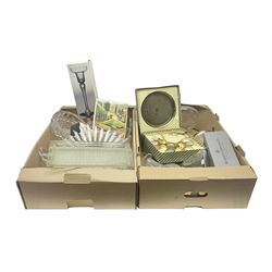 Dartington Crystal glass flower bowl, together with four similar smaller examples, two Orrefors glass bowls, collection of glass decanters, including Dartington and painted example, etc