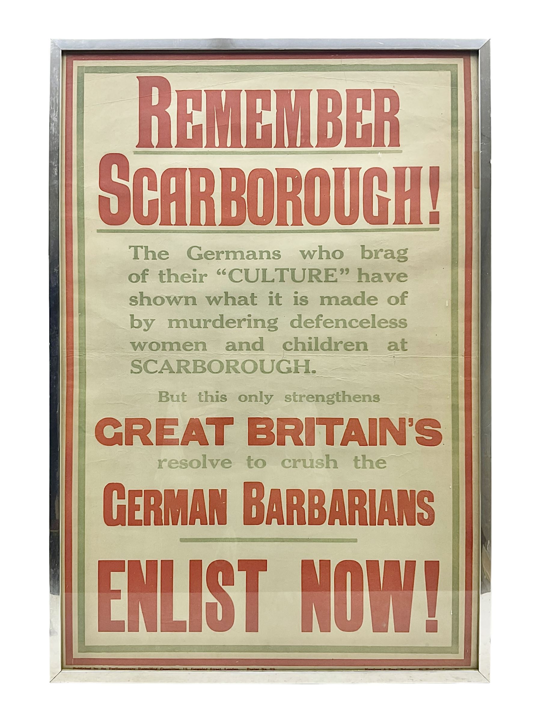 WWI style Scarborough enlistment poster 'Remember Scarborough! Enlist Now!', in metallic frame, H75.5cm
