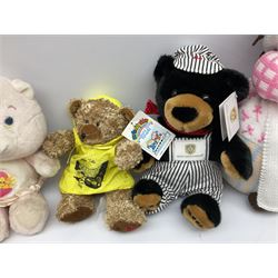 Ten soft tots including Chad Valley Lenny the Lion; Snoopy type dog; Fluffy Hedgehogs; pink Care Bear; souvenir bears for Niagara Falls, Benjamin Franklin and Andre Rieu; Rocky Mountaineer Traindriver; knitted Mrs. Tiggy-Winkle etc; all unboxed (10)