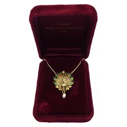  Igor Carl Faberge for Franklin Mint 14ct gold peacock watch pendant necklace, the peacock wings diamond, enamel and sapphire set, with a single suspended pearl, the back with hidden quartz watch, boxed