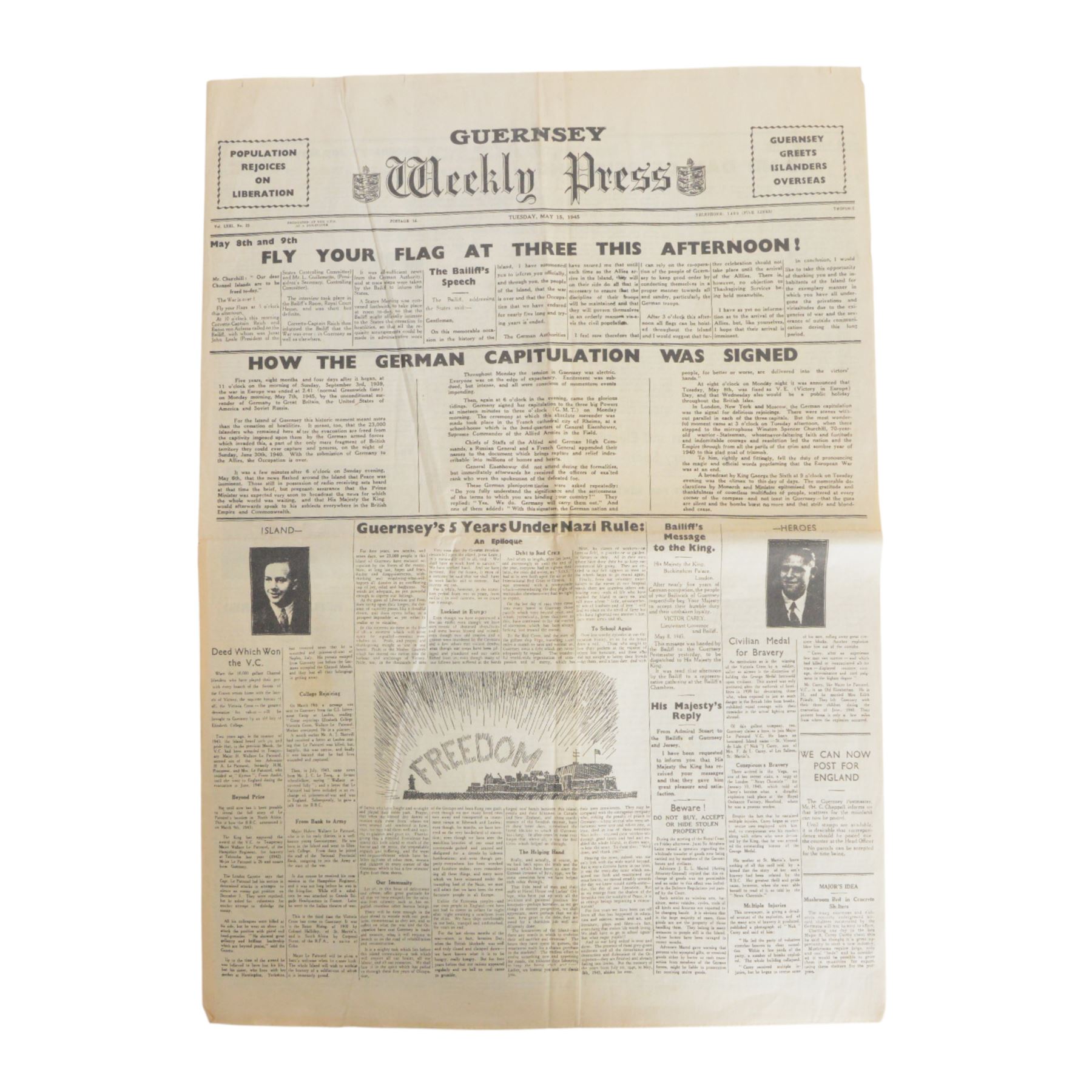 Guernsey Weekly Press, Tuesday May 15th 1945, together with two books on the occupied Channel Isles
