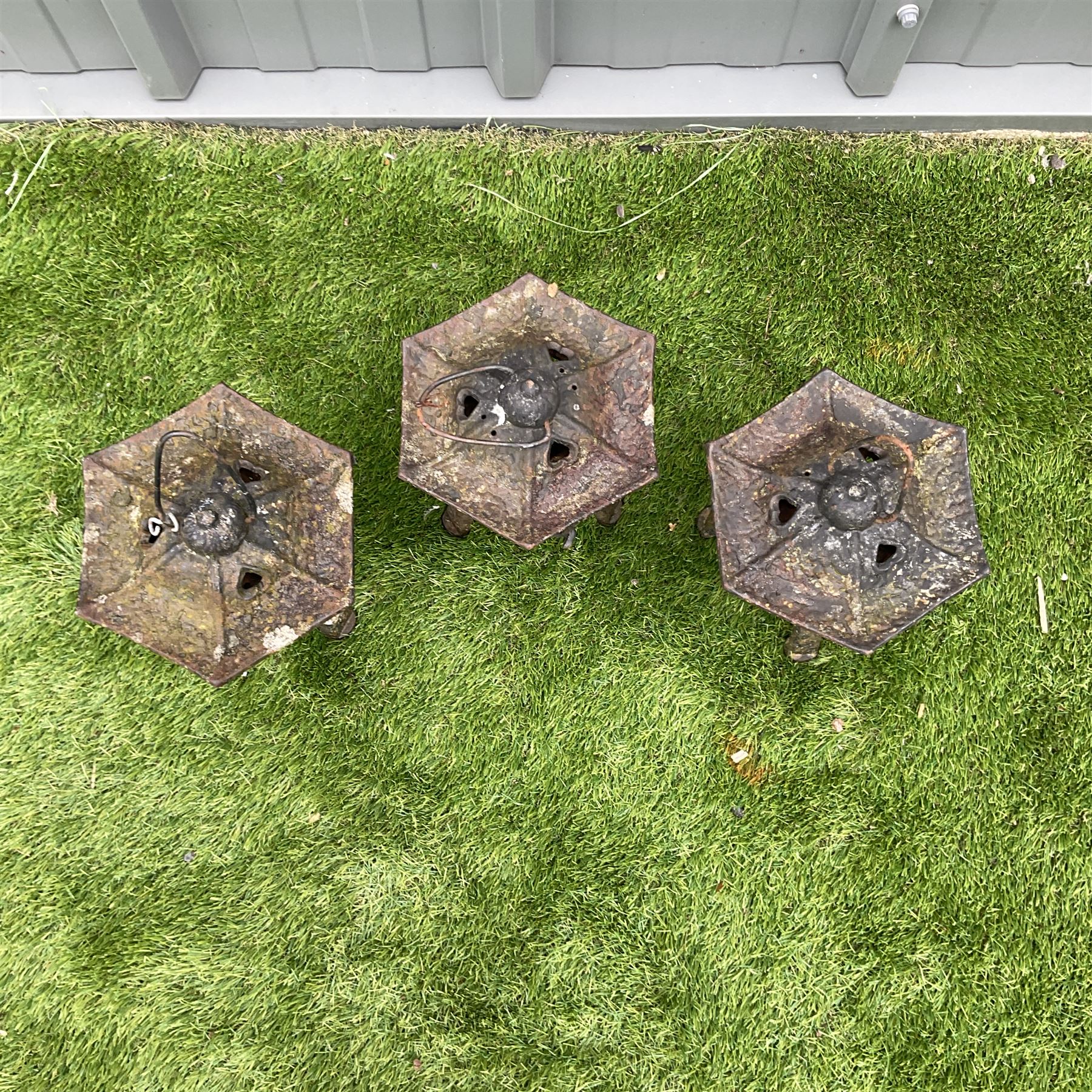 Three cast iron garden lanterns - THIS LOT IS TO BE COLLECTED BY APPOINTMENT FROM DUGGLEBY STORAGE, GREAT HILL, EASTFIELD, SCARBOROUGH, YO11 3TX