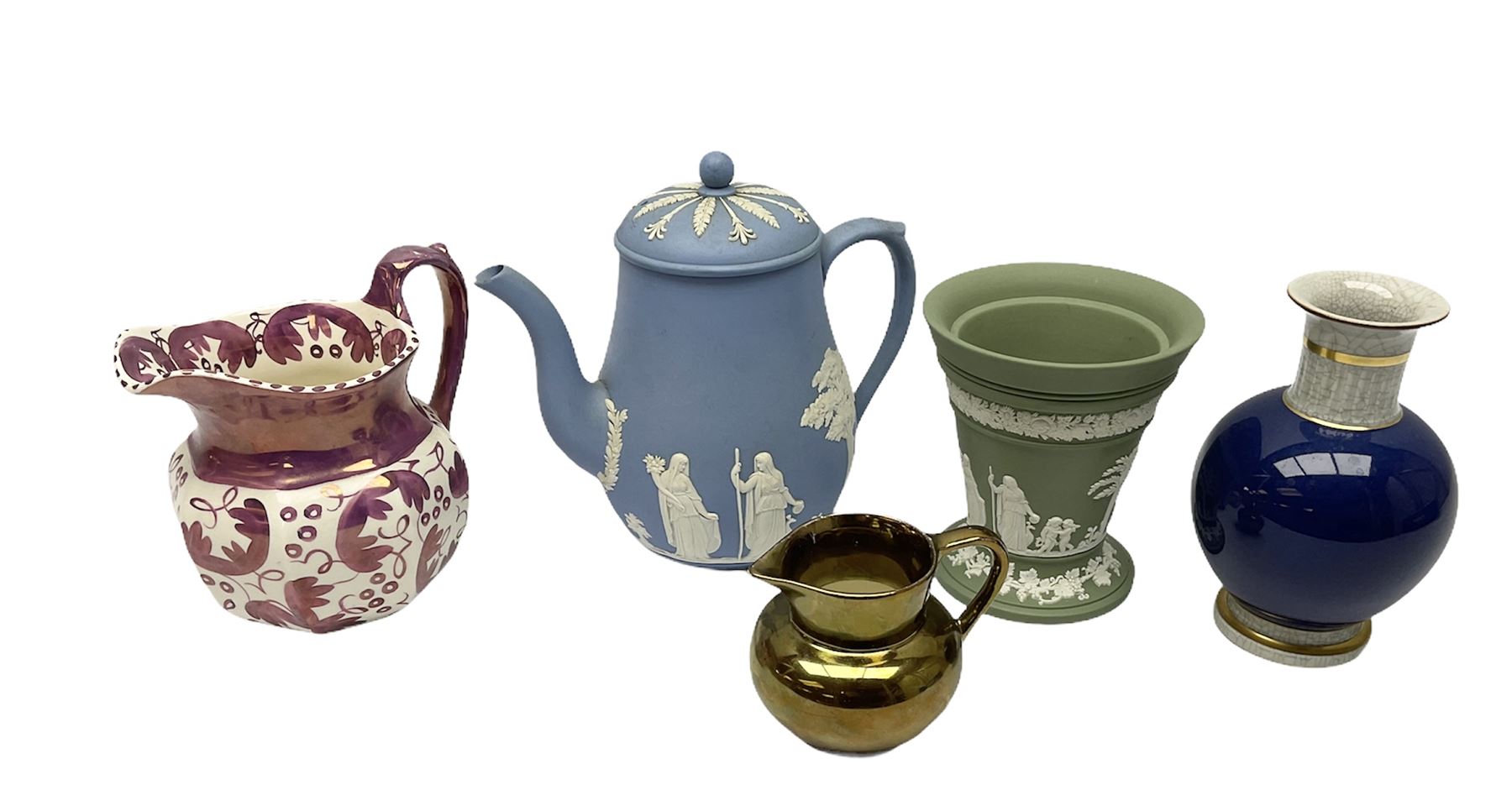 Group of ceramics, comprising Wedgwood blue jasperware teapot, and sage