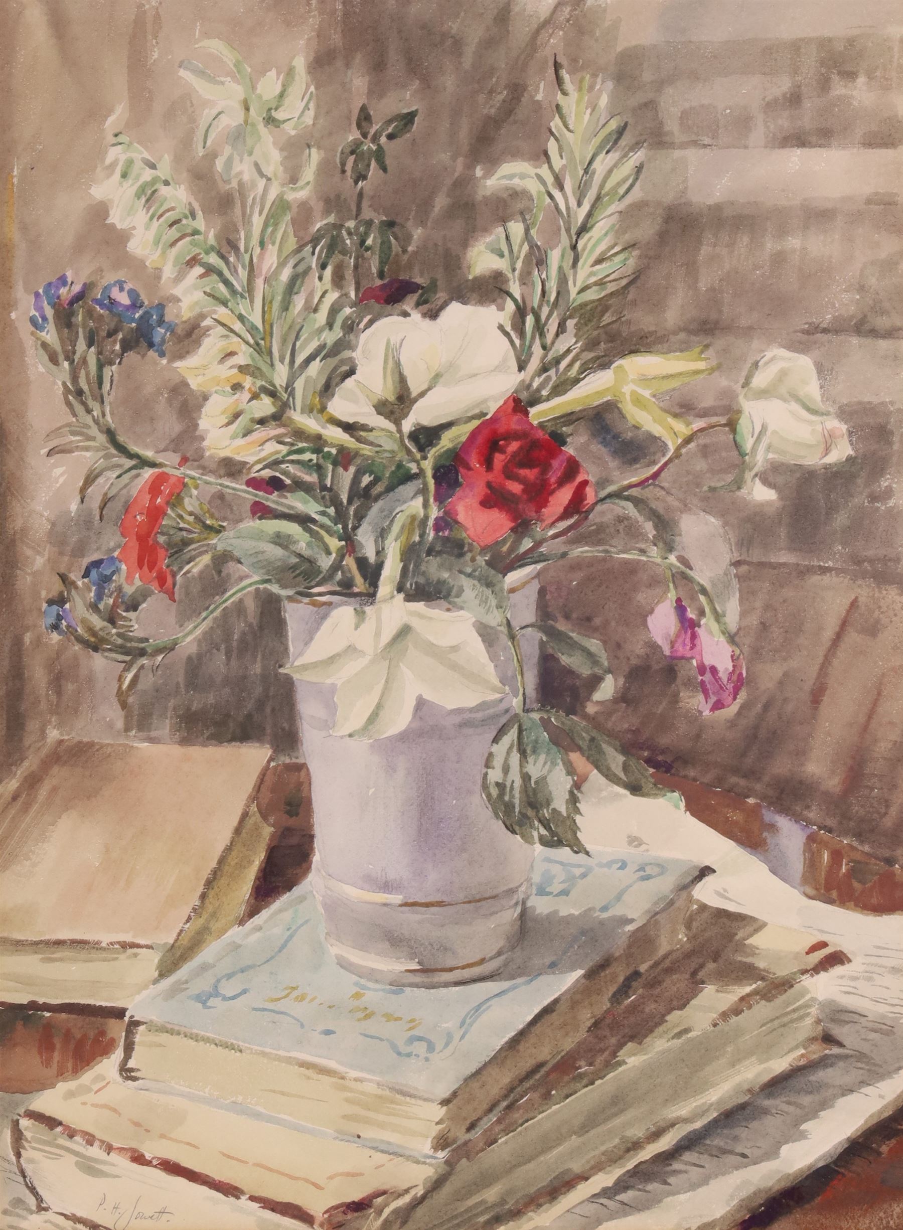 Percy Hague Jowett (British 1882-1955): Bouquet of Flowers on a Stack of Books, watercolour signed 40cm x 30cm