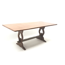  Oak refectory style dining table, pierced and shaped solid end supports joined by stretchers, W185cm, H74cm, D91cm mao0207  