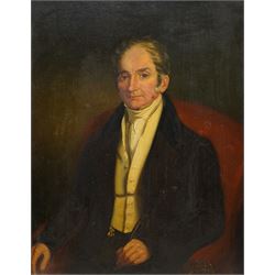 English School (19th century): Portrait of 'Thomas Kirkby' , oil on board unsigned, inscribed 'Sometime editor of the Leeds Intelligencer (newspaper), formerly of Leeds Mercury' verso 44cm x 34cm