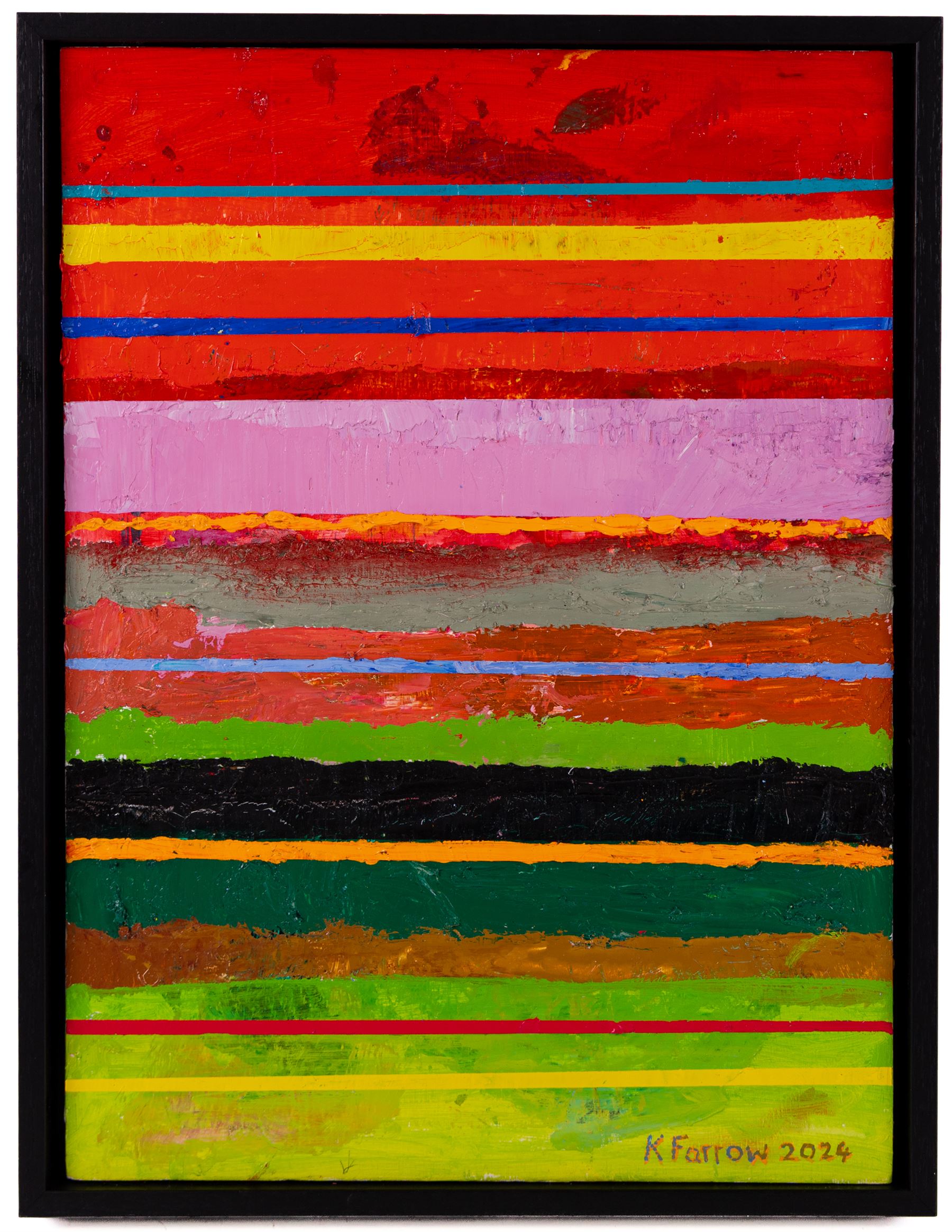 Kieron Farrow (British 1949-): 'Horizon', three oils on board signed and dated 2024, two of the same size, one slightly larger, 41cm x 30cm (3)