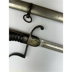 Ottoman/Turkish WW1 Period Infantry Officer's Short Sword,  the single edge fullered steel blade etched with a martial trophy, star and crescent, L73cm, the rib etched Vahram Tagirian, with steel scabbard, L87cm