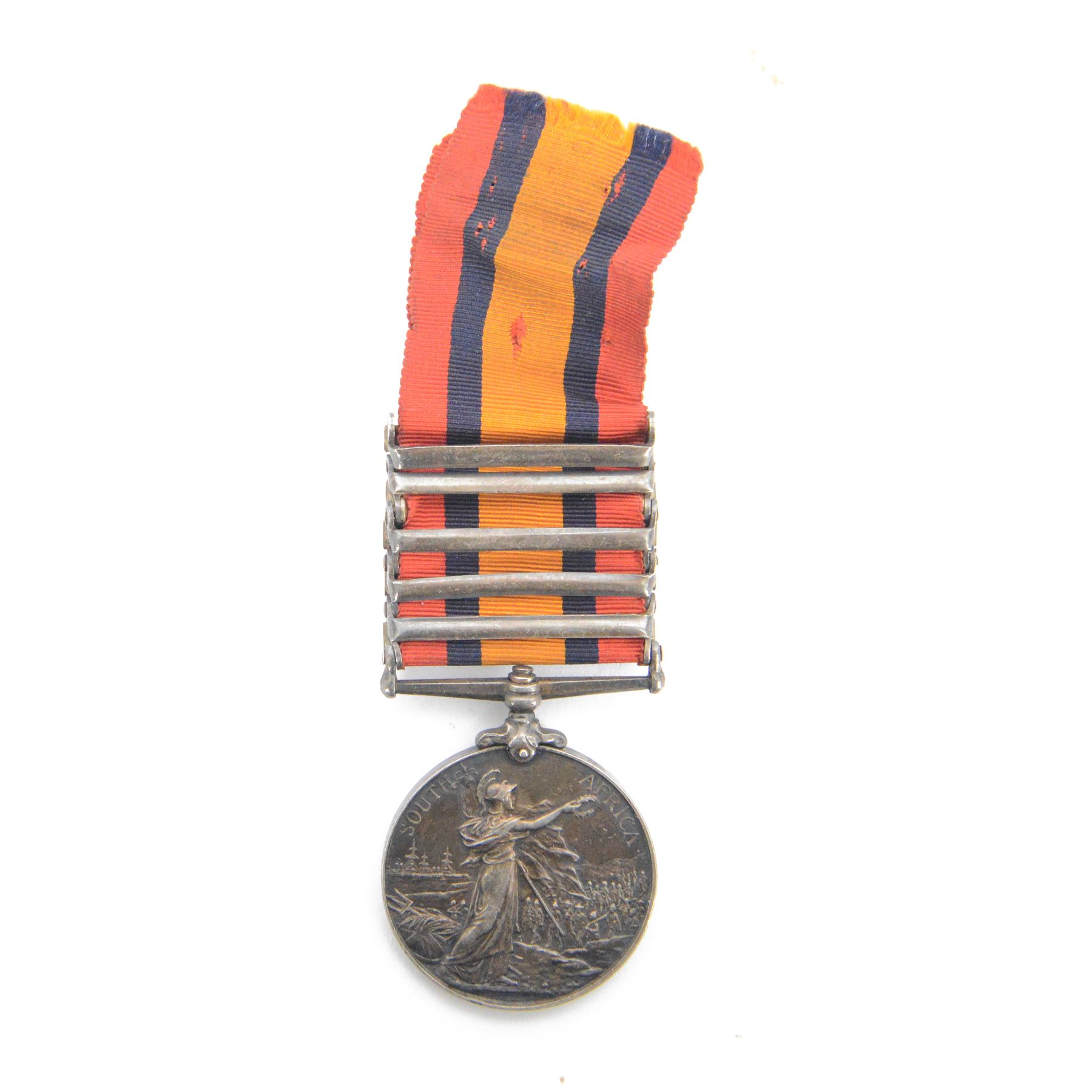 Boer War medal, Queen's South Africa medal with South Africa 1902, South Africa 1901, Orange Free State, Transvaal and Cape Colony clasps, awarded to 6646 Pte F. Fox 2nd Lincoln Regi 