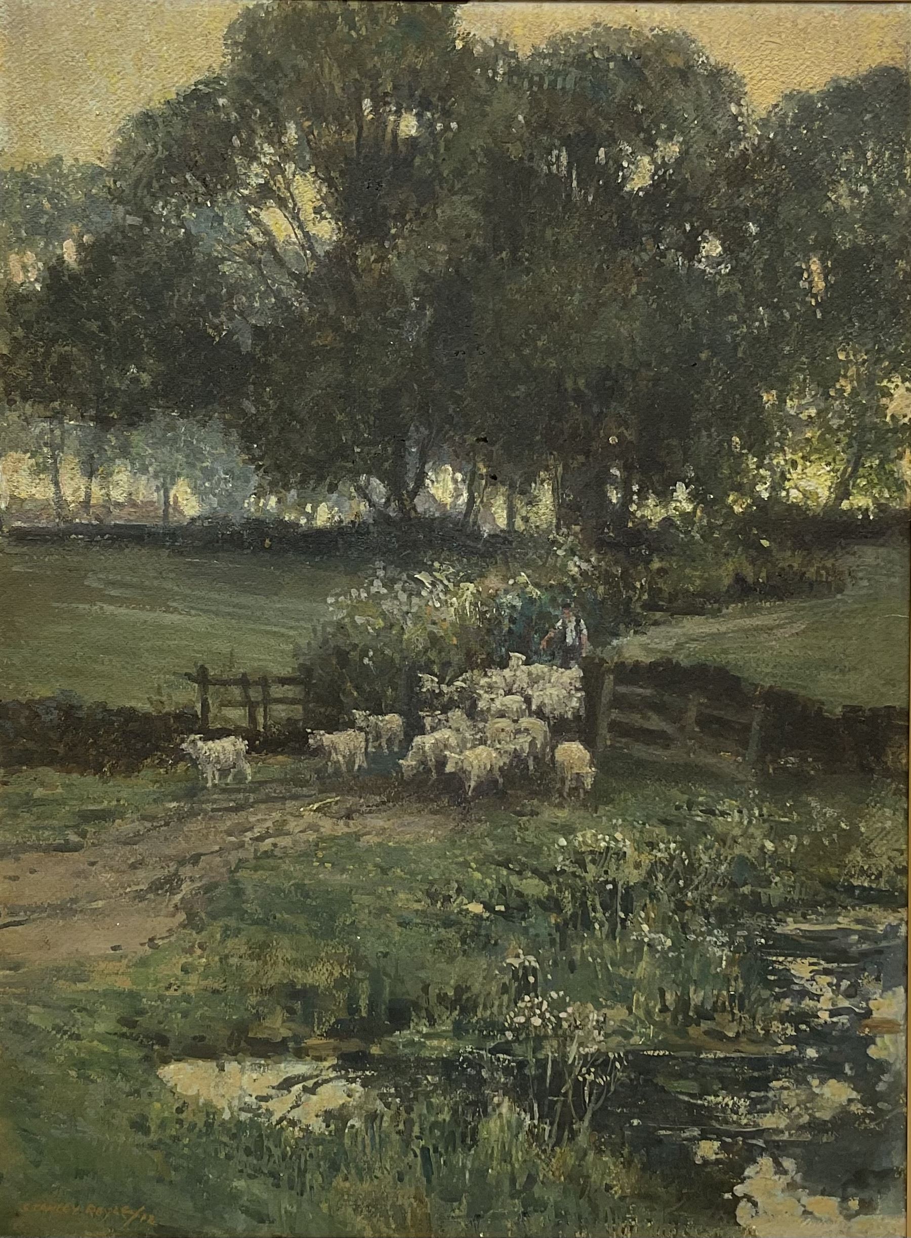 Stanley Royle (British 1888-1961): Herding Sheep through a Gateway, gouache signed and dated '12, 71cm x 53cm