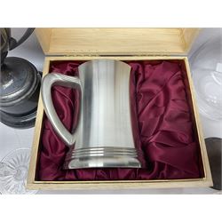 German Bleikristall decanter, set of six Stuart Crystal glasses, a Dartington Crystal decanter, christmas lights and a collection of pewter tankards, etc 