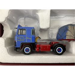 Corgi - Hauliers of Renown, three 1:50 scale models comprising CC14020 Volvo FH Curtainside - McMullan Transport Balleymoney, Co. Antrim, Northern Ireland no.820/1750; CC15006 Iveco Stralis Fridge Curtainside P. Harper & Sons Ltd - Ramsey, Cambridge, no.987/1000; CC15303 Scania 141 Canvas Load R. T. Keedwell Ltd - Highbridge, Somerset no.876/1000; all boxed 