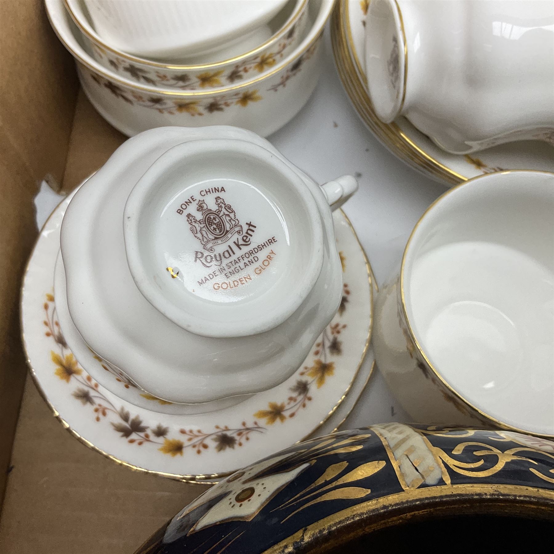 Quantity of Victorian and later ceramics to include Royal Kent 'Golden Glory' pattern tea service, imari pattern bowls, vases, plates etc in two boxes