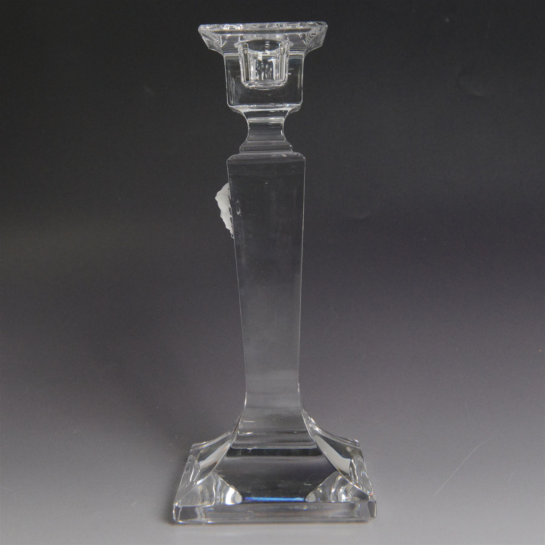Rosenthal Versace pair of glass candlesticks, of square form, with candles and in original box, H25cm