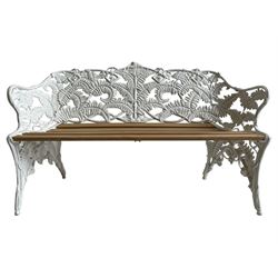 Coalbrookdale design - cast iron 'fern' pattern garden bench, oak slatted seat, in white paint finish 