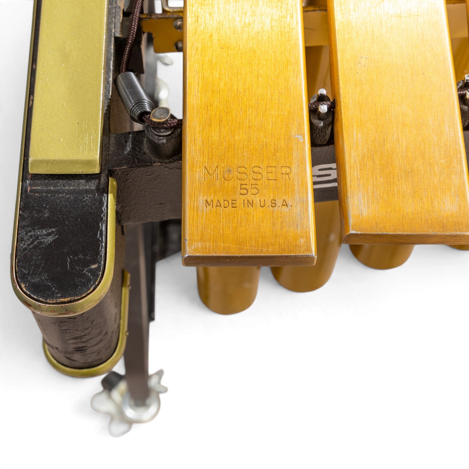Musser M55 Pro-Vibe vibraphone, serial no. B01228, with gold-finished aluminium bars, motorised resonators, sustain pedal and folding frame, with transformer, in black mushroom covers