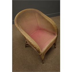  Lloyd loom armchair, green finish, wicker back and seat and a Sirrum Loom gold and red wicker armchair  