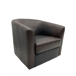 Laura Ashley - tub shaped swivel armchair, upholstered in dark brown leather 