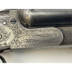 Smith Midgley Bradford 12-bore side-by-side double barrel side-lock ejector shotgun with 71cm barrels, engraved action with patented top lever, ivy leaf fences and top safety, walnut stock with chequered grip and fore-end, serial no.62409 to barrels and 1481 to action, L115cm overall SHOTGUN CERTIFICATE REQUIRED