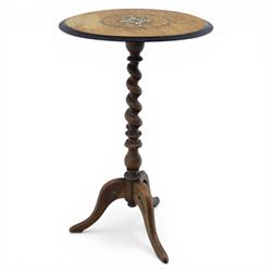 19th century brass inlaid wine table, on a barley twist column terminating in three cabriole supports