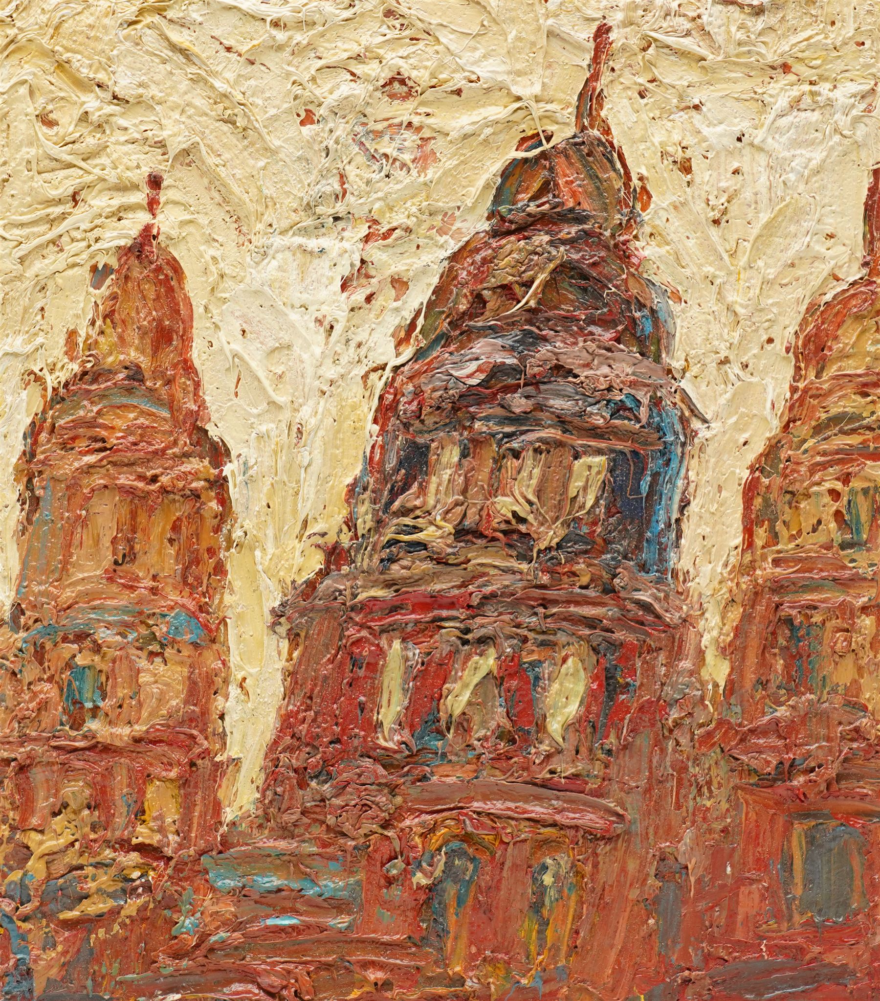 Barry De More (Yorkshire 1948-2023): Urban Landscape from Below - possibly St Paul's Cathedral, oil on board unsigned 31.5cm x cm (unframed)
Provenance: consigned by the artist's widow