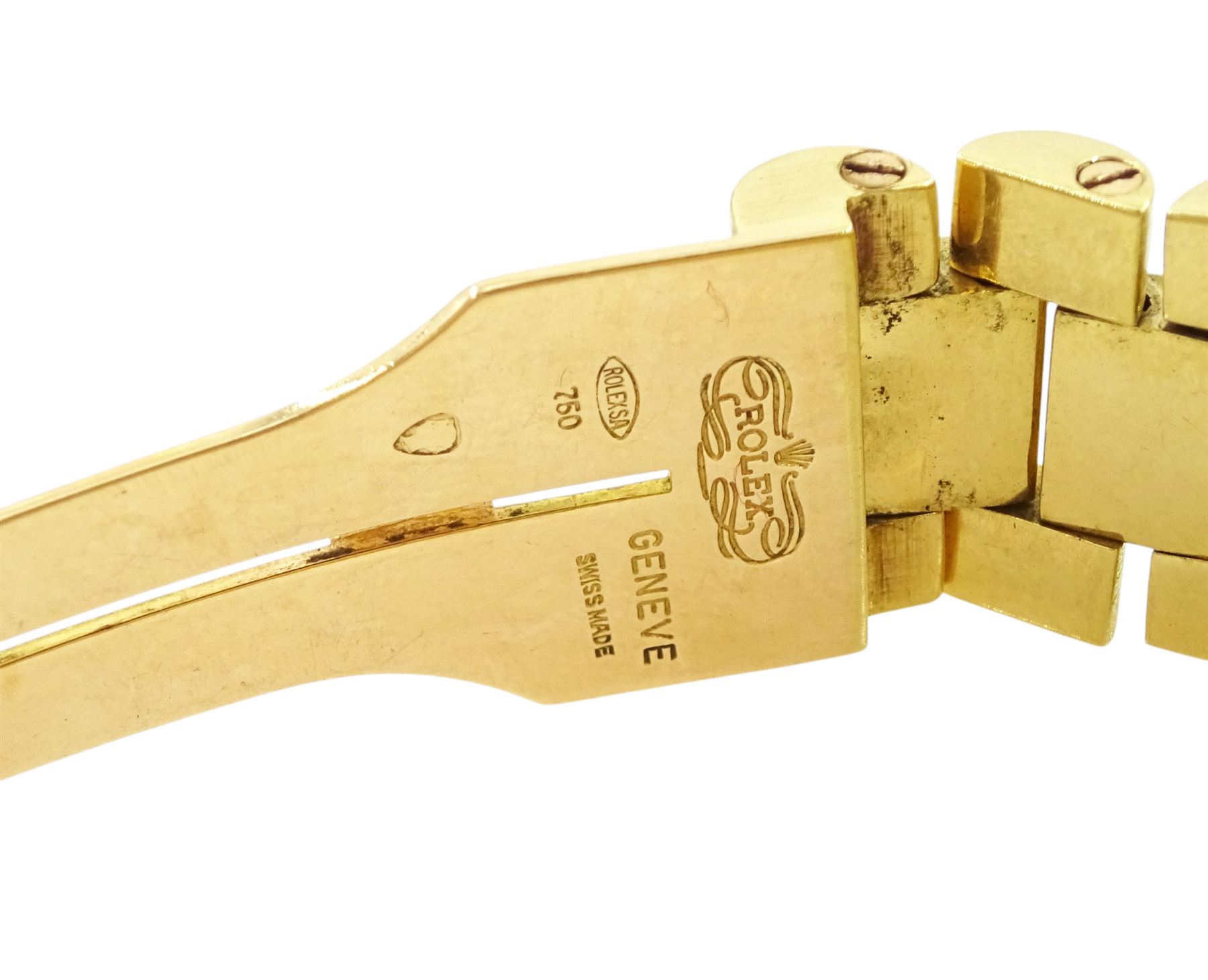 Rolex Oyster Perpetual Day-Date gentleman's 18ct gold automatic wristwatch, circa 1970, Ref. 1803, serial No. 2492514, champagne dial with after market diamond dot hour markers and diamond set bezel, on 18ct gold President bracelet, with fold-over clasp, boxed