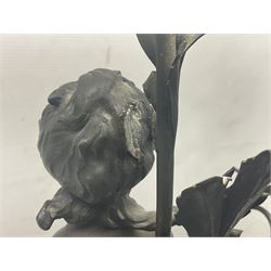 Pair of Art Nouveau style spelter figural table lamps, each mounted on rouge marble effect circular bases, with toleware flower heads and leafy decoration surrounding a female figure, H90cm