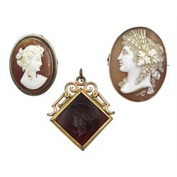 Victorian gold mounted carnelian intaglio pendant, gold mounted cameo brooch, stamped 9ct and a later silver smaller cameo, all depicting bust portrait of ladies (3)