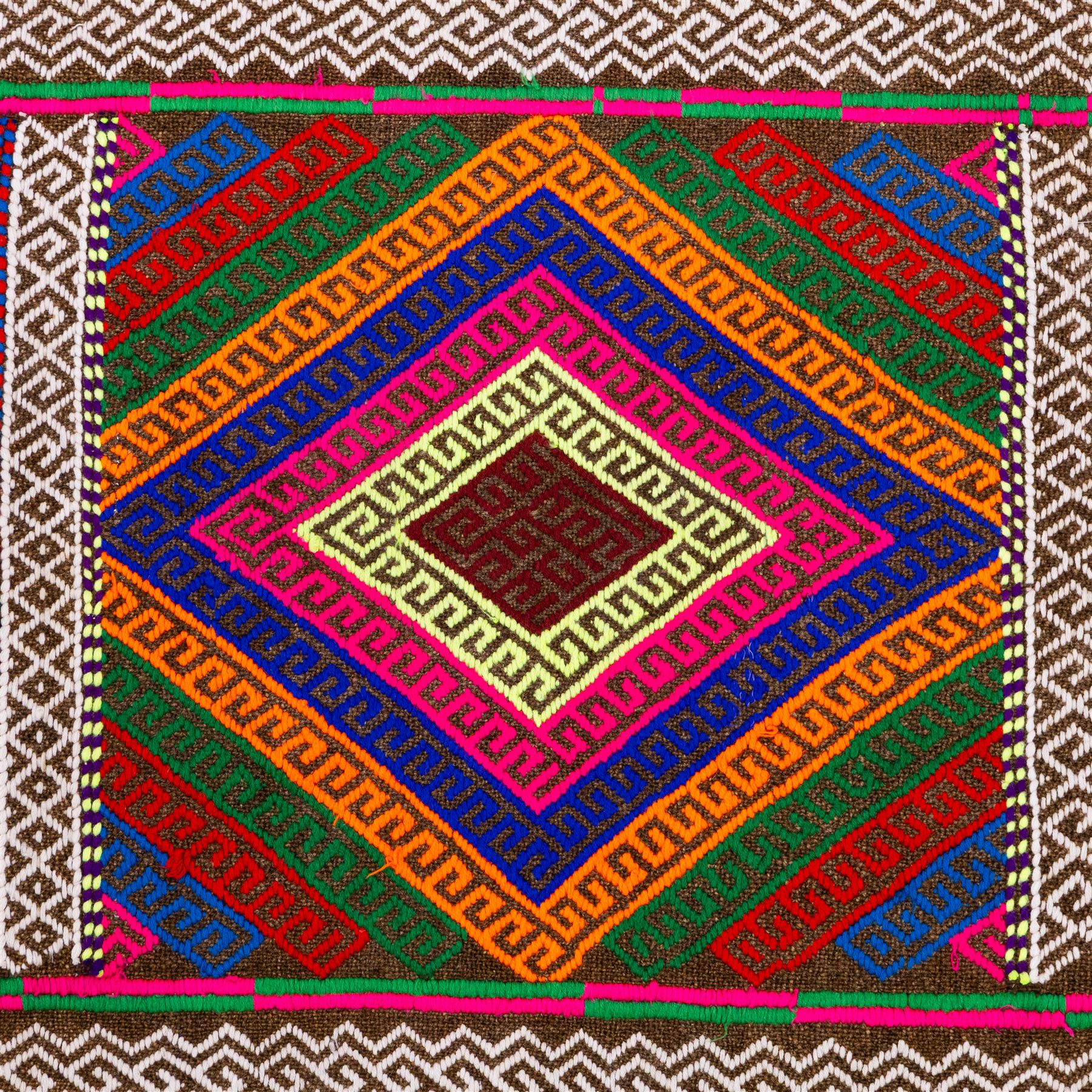 Afghan Suzni flatweave geometric design runner rug, decorated with trailing lozenges decorated with hooked motifs, within zig-zag bands, bright multi-coloured ground ivory and brown geometric main border